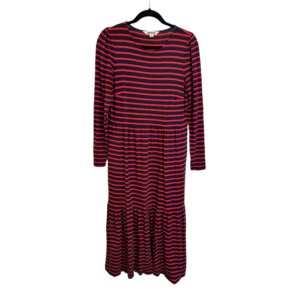 Boden Tiered Midi T Shirt Dress Size 8R Navy Red Striped Long Sleeve Pockets